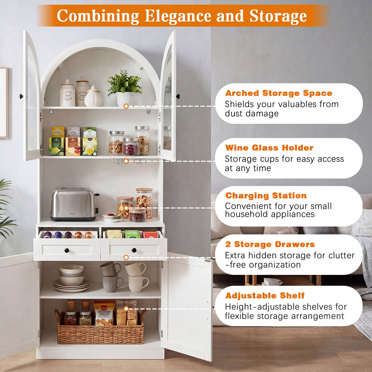 75" Farmhouse Tall Arched Pantry Cabinet with Charging Station