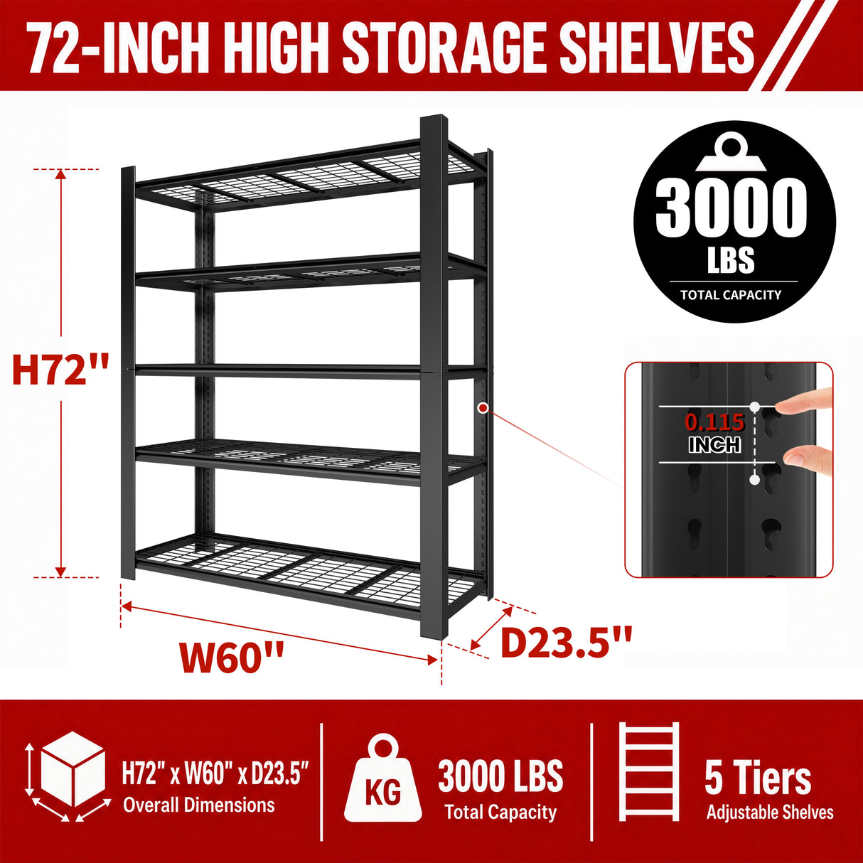 72"H 5-Tier Adjustable Heavy Duty Shelving Metal Mesh Storage Rack (3000 Lbs Loading Capacity) - Metal Shelf Organizer for Pantry, Garage, Kitchen - 60"W*23.6"D*72"H -