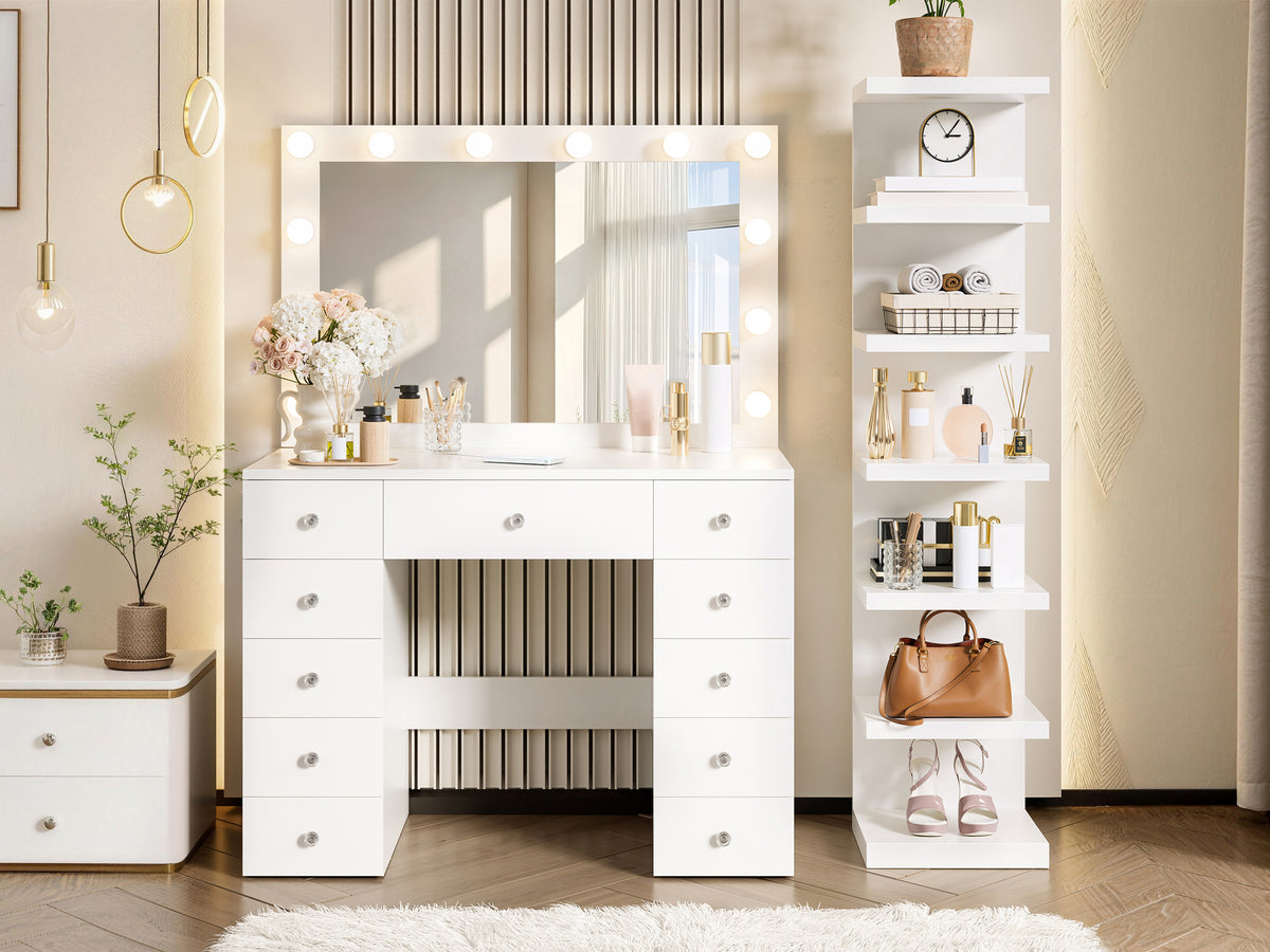 Vanity Desk with 11 Hollywood Bulbs & 7-Tier Storage Shelves