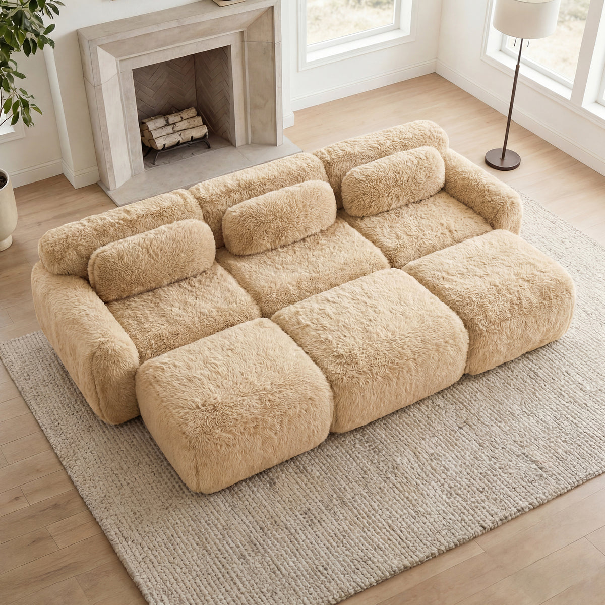 3-Seater Soft Plush Fabric Sofa With Movable Ottoman