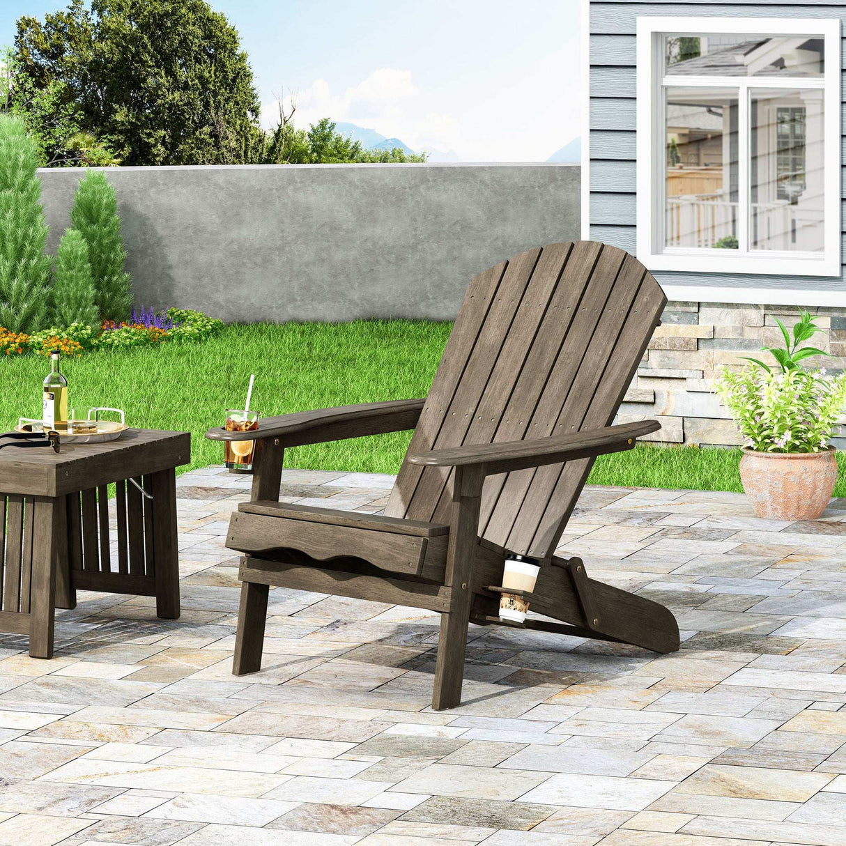 Zenithia - Outdoor Foldable Adirondack Chair With 2 Cup Holders - Best Buy Furniture