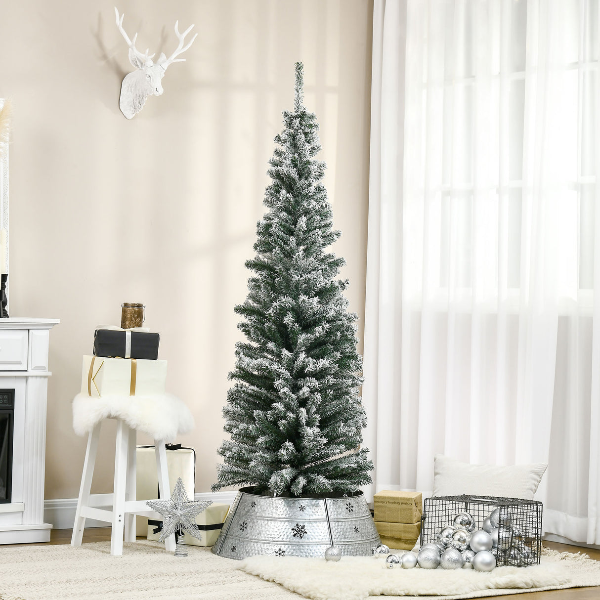 HOMCOM 6' Tall Unlit Snow-Flocked Slim Artificial Christmas Tree