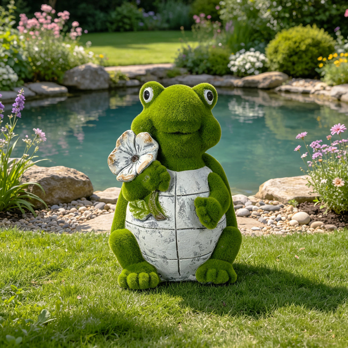 Flocked Turtle Garden Statue with Flocked Finish - Green