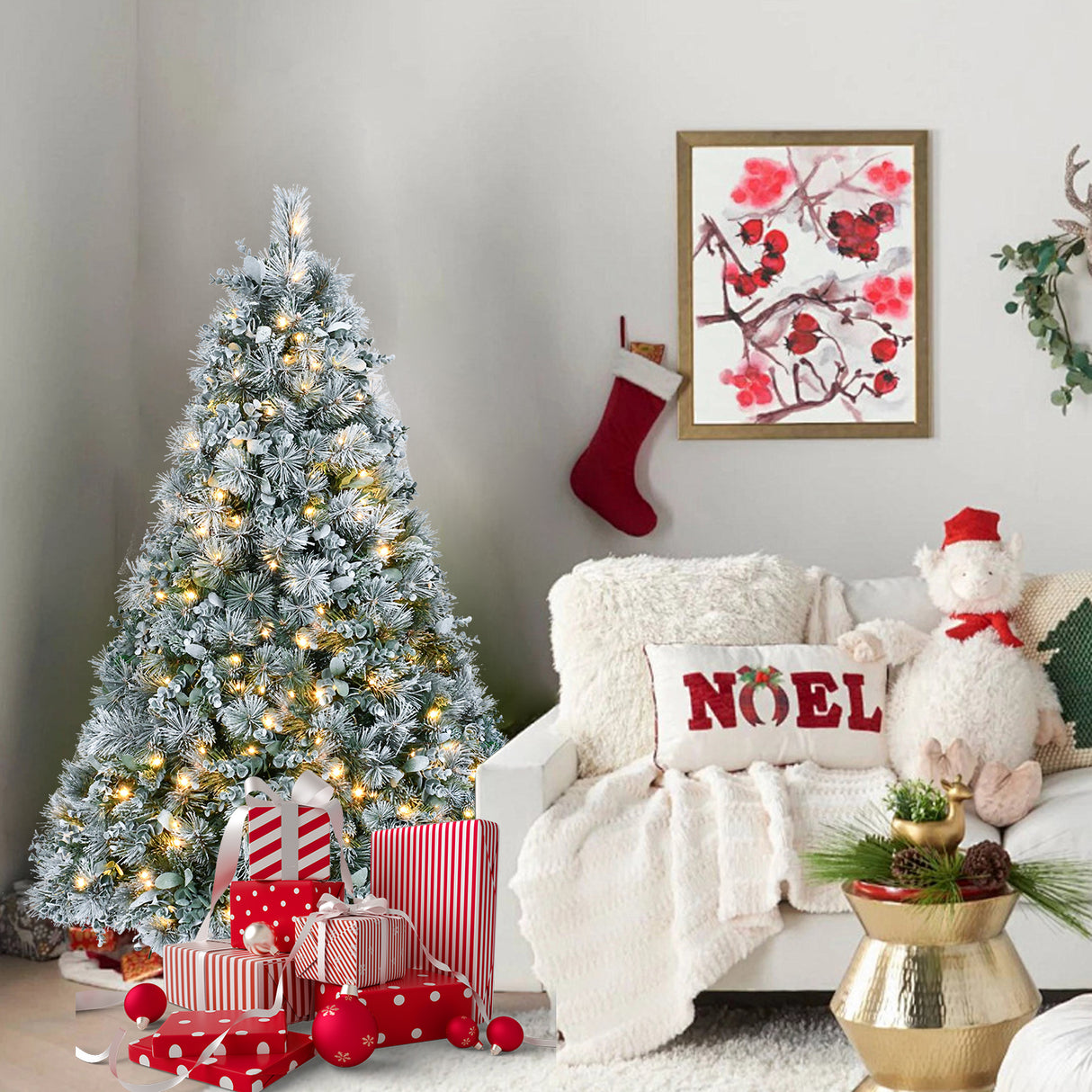 4FT Prelit Flocked Christmas Tree With Pine Needles & Eucalyptus Leaves
