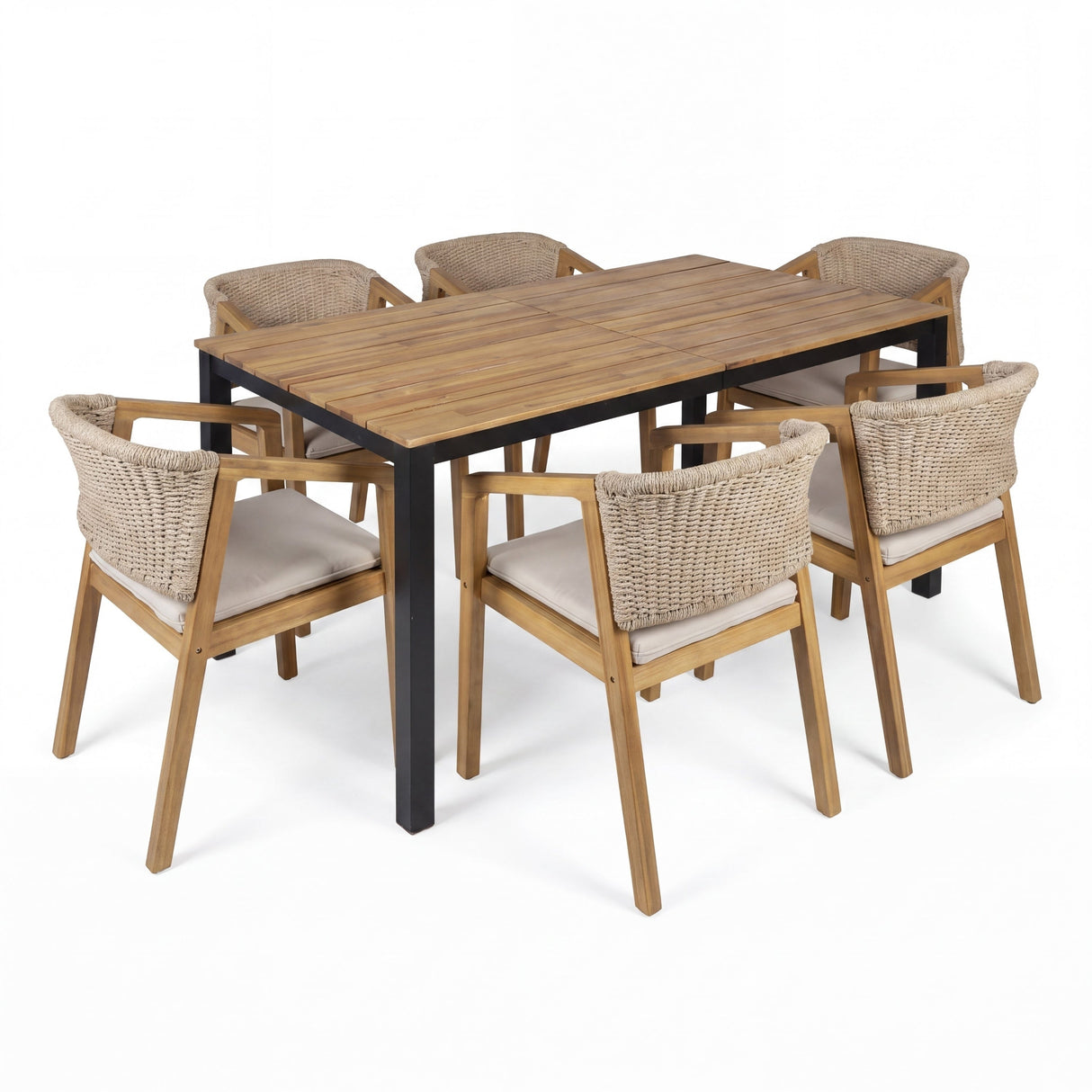 7-Piece Outdoor Dining Set with Acacia Wood Table and 6 Rope Chairs