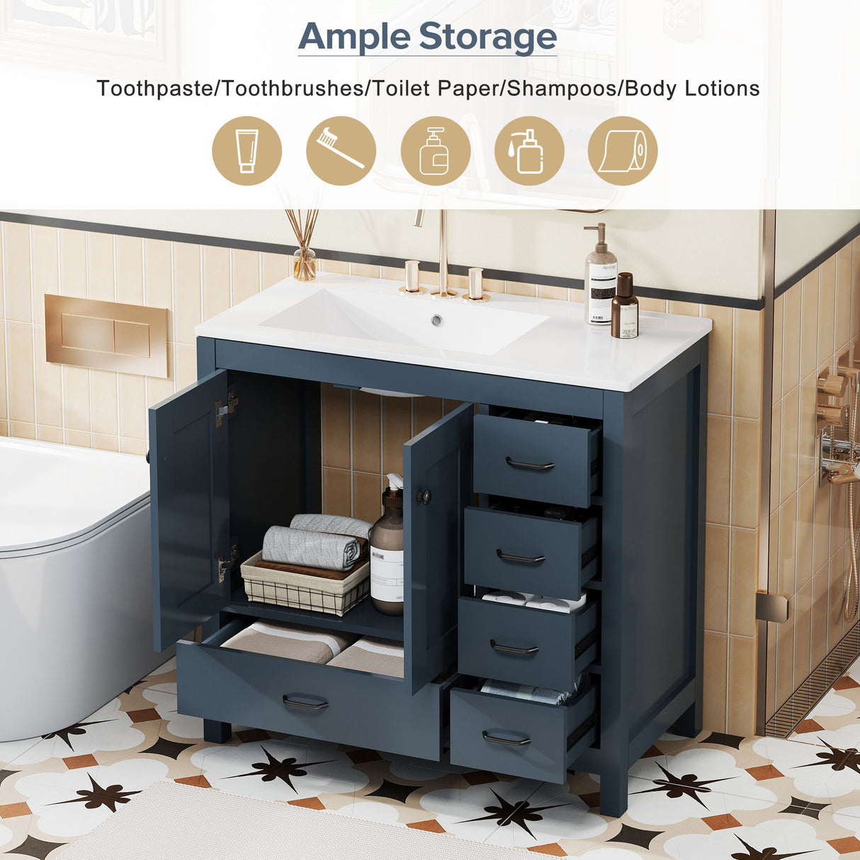 Bathroom Vanity With Ceramic Sink Combo, Abundant Storage Cabinet 2 Soft Close Doors And 5 Drawers