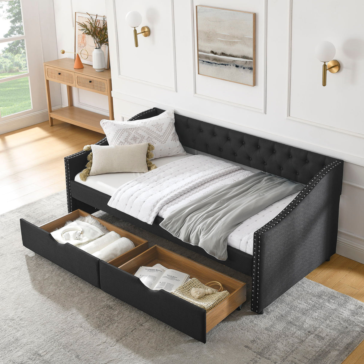 Upholstered Tufted Daybed With 2 Drawers, Waved Arms