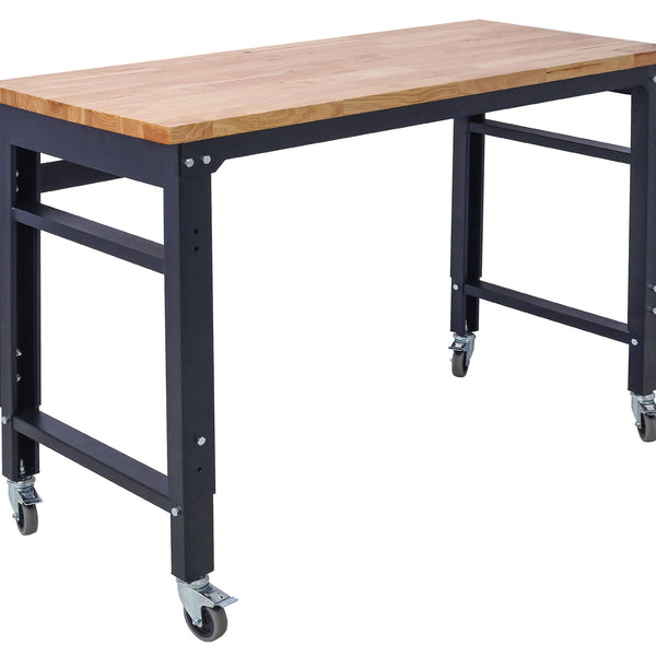 Wide Rolling Workbench For Garage, Adjustable Height, Workshop Tool Bench, Metal With Rubber Wood Top