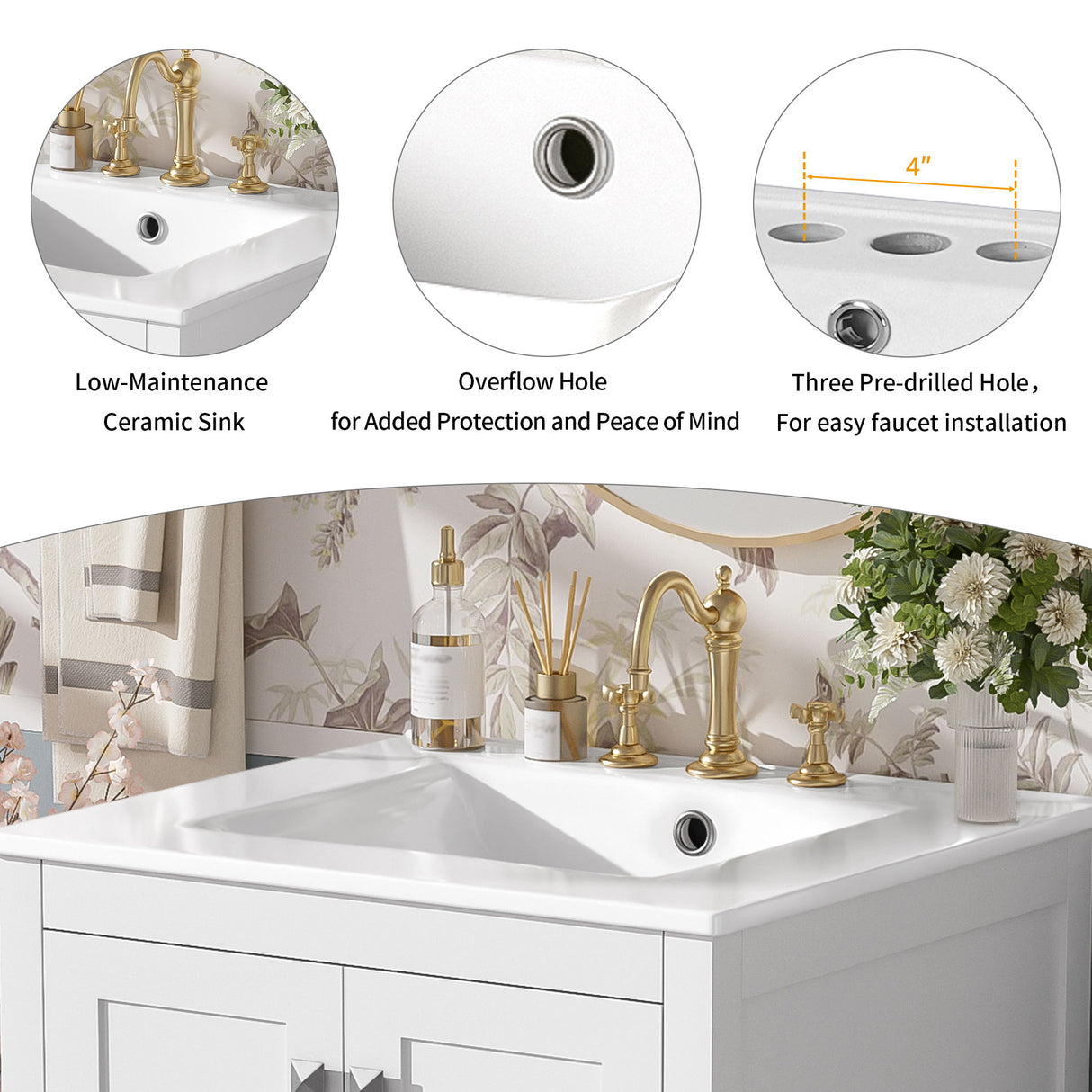 Bathroom Vanity With Integrated Undermount Ceramic Sink, 2 Doors And 1 Drawer, Soft Close Hinges