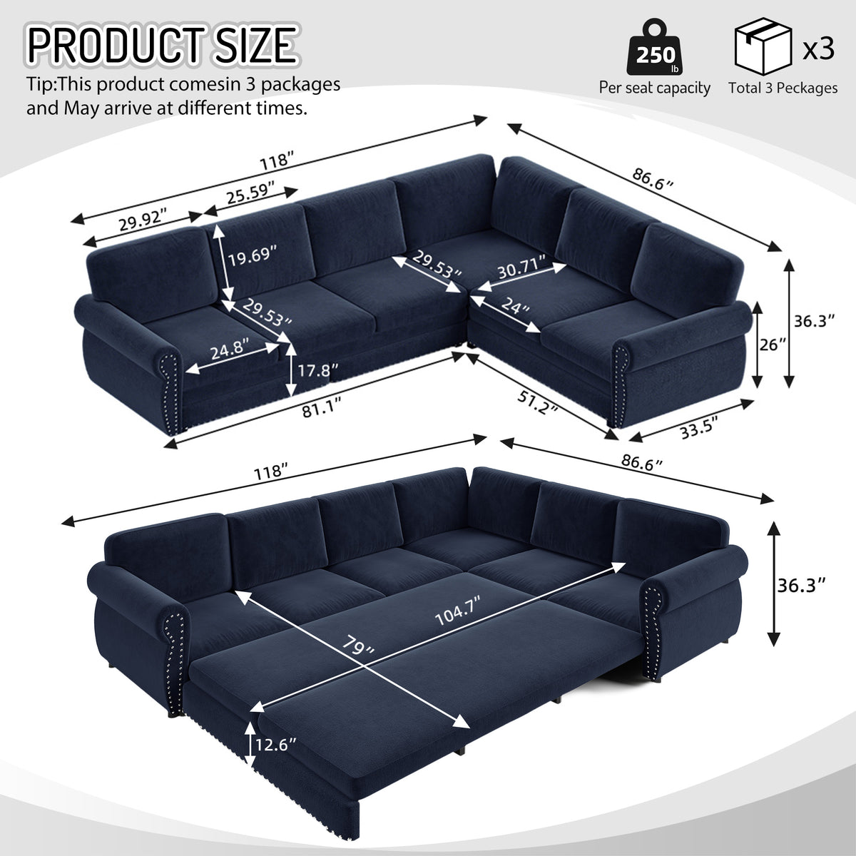 118" L-Shaped Convertible Sleeper Sofa