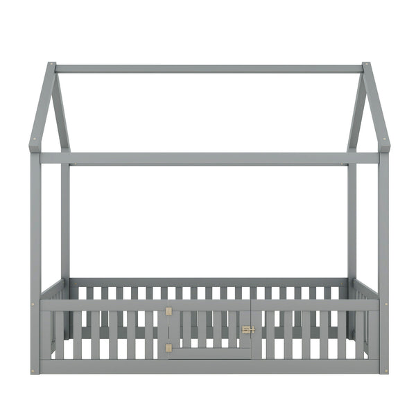 Wood House Bed With Fence And Door