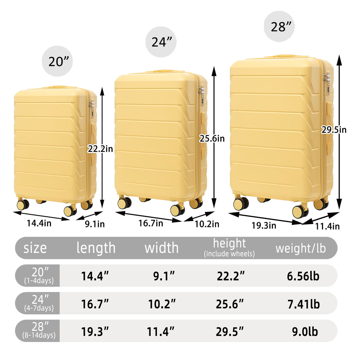 3 Pieces Set 20" / 24" / 28" Spinner Wheel Luggage With Combination Lock