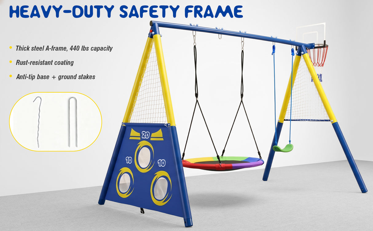 5-in-1 Kids Swing Set with Saucer Swing, Belt Swing, Basketball Hoop & Soccer Goal