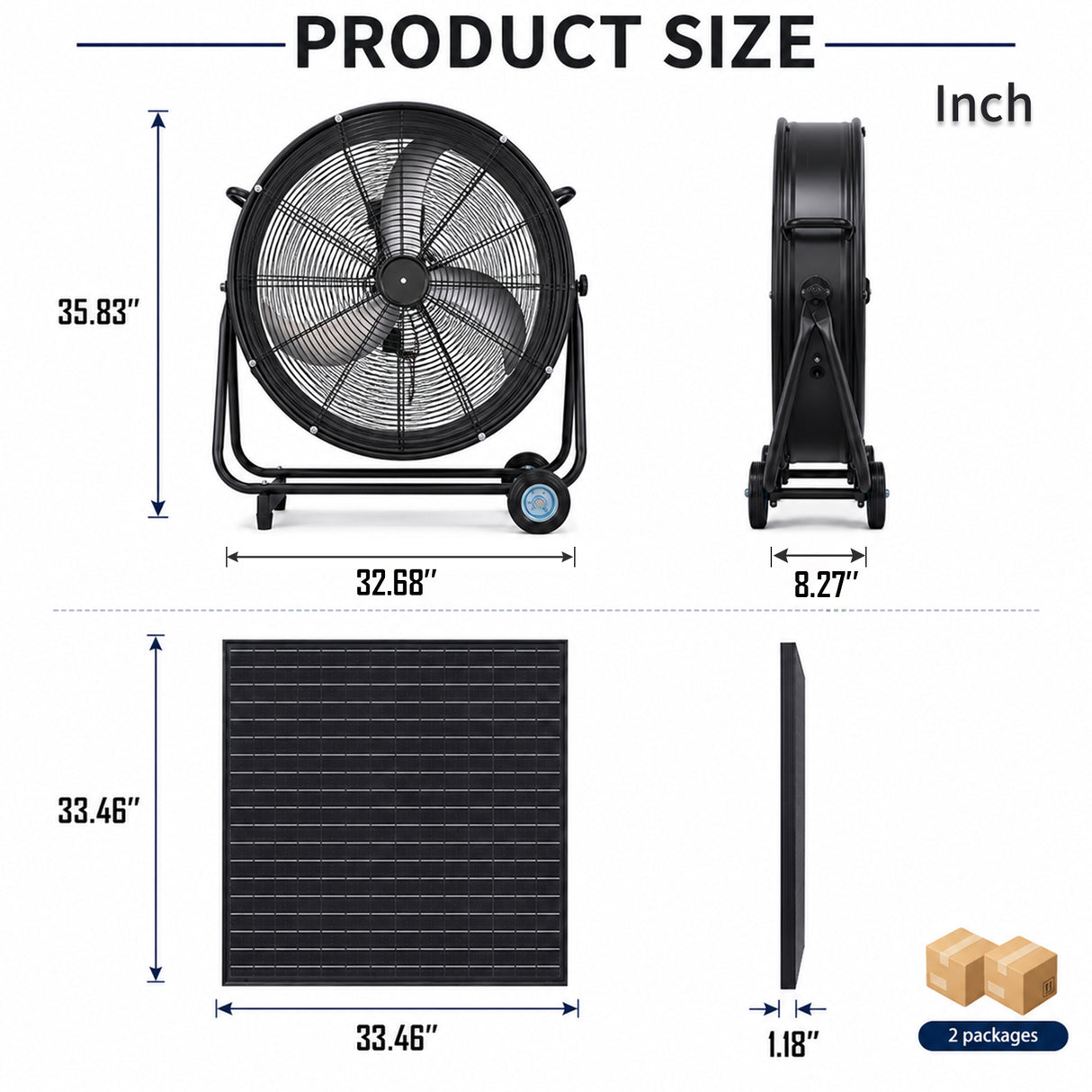 30" Wheeled Solar Fan with 140W Adjustable Monocrystalline Solar Panel