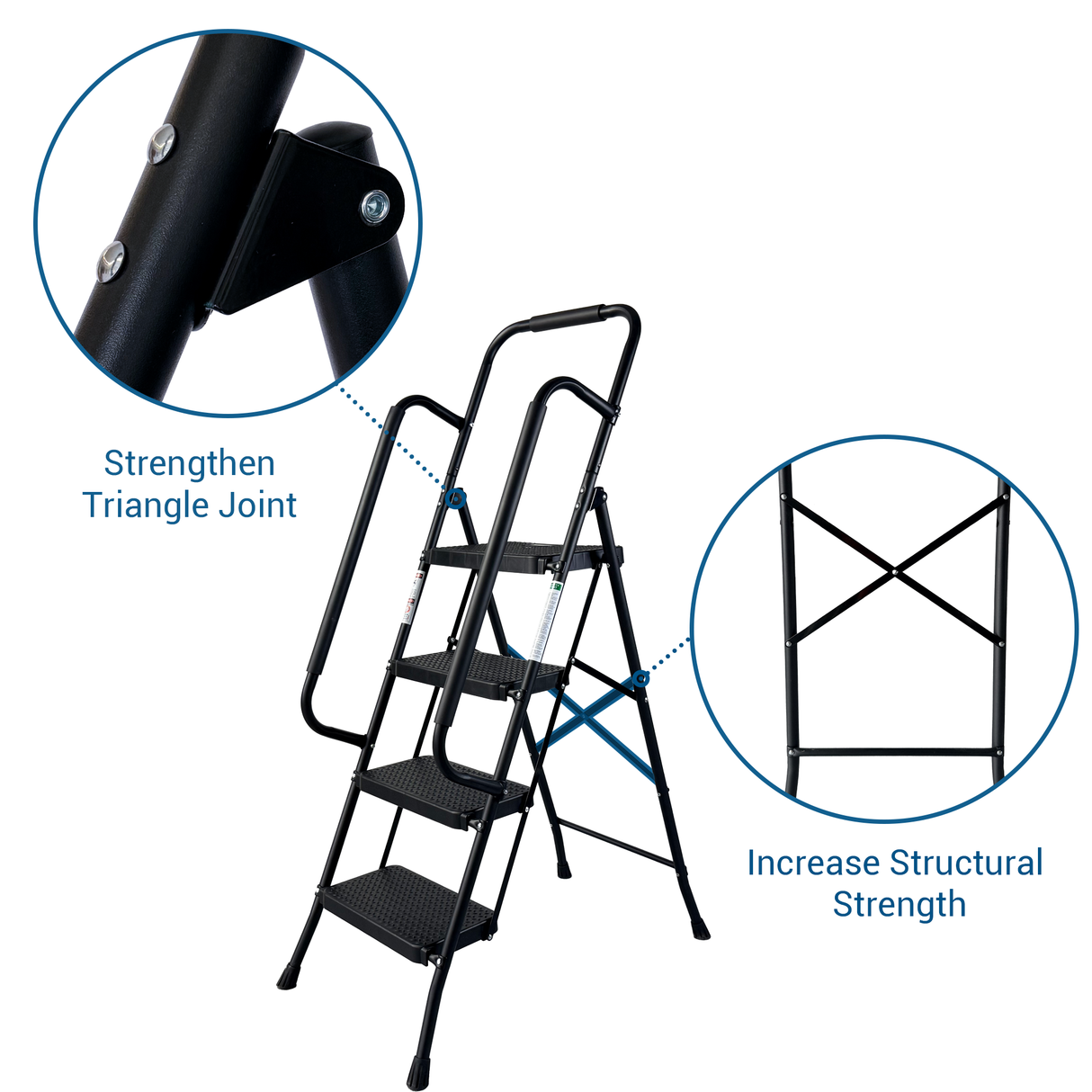 4 Step Folding Steel Ladder with Anti-Slip Pedals and Handrail