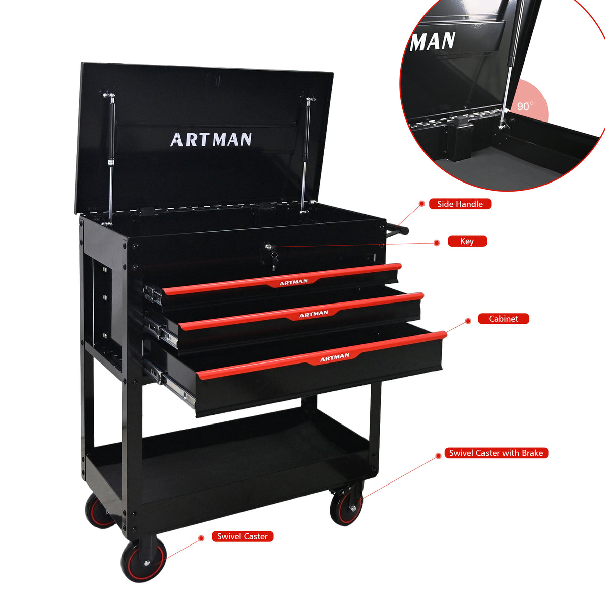 3 Drawers Multifunctional Tool Cart With Wheels and Steel Top