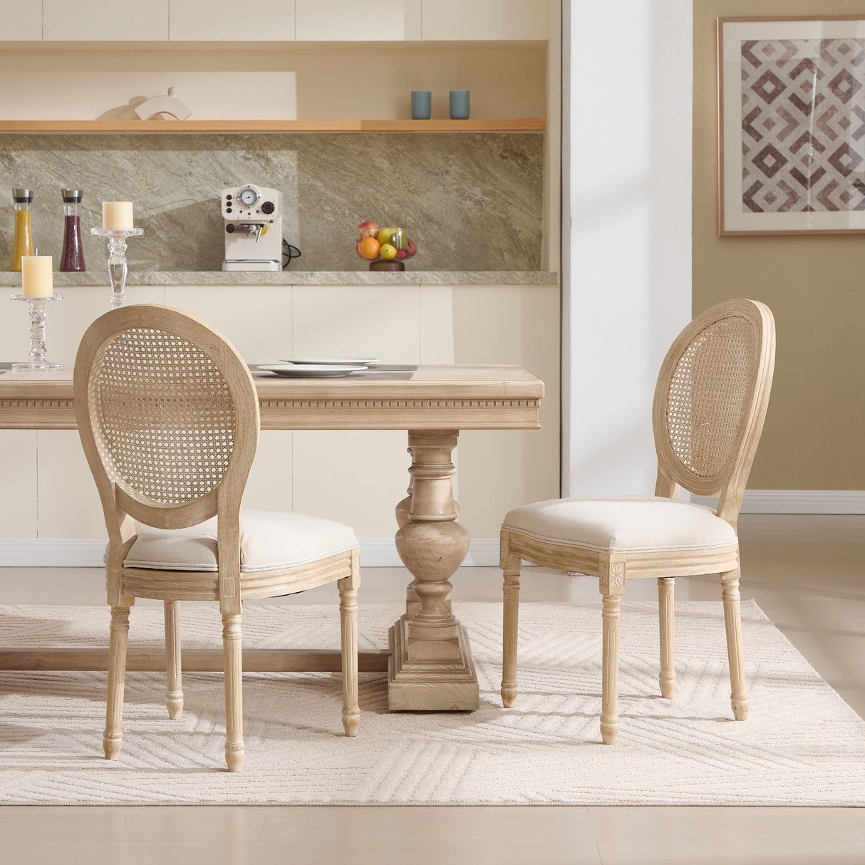 French-Country-Dining-Chairs-Set-of-2,-Upholstered-with-Rattan-Back-