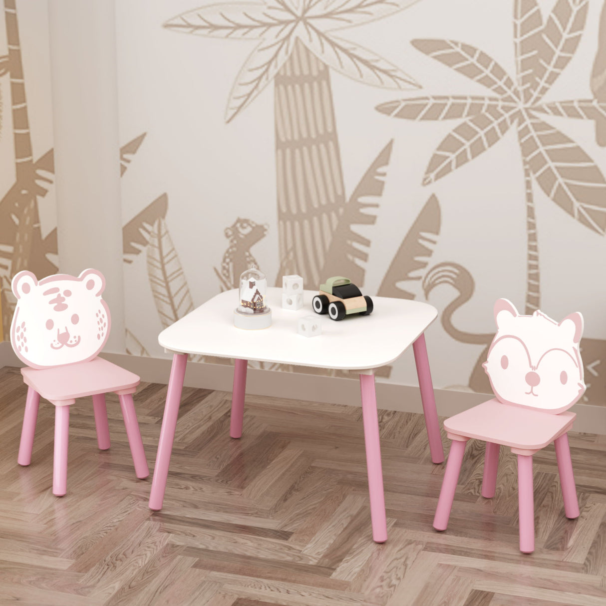 Table And Chair Set, 3 Piece Wooden Toddler Desk With Animal Backrest - Pink / White