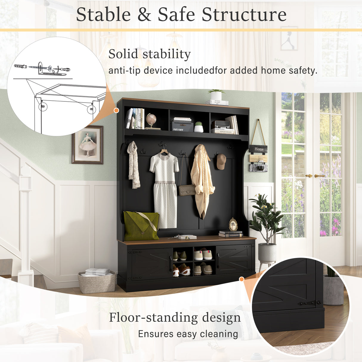 Vibe Haus 71''H Farmhouse Hall Tree with Bench and Shoe Storage