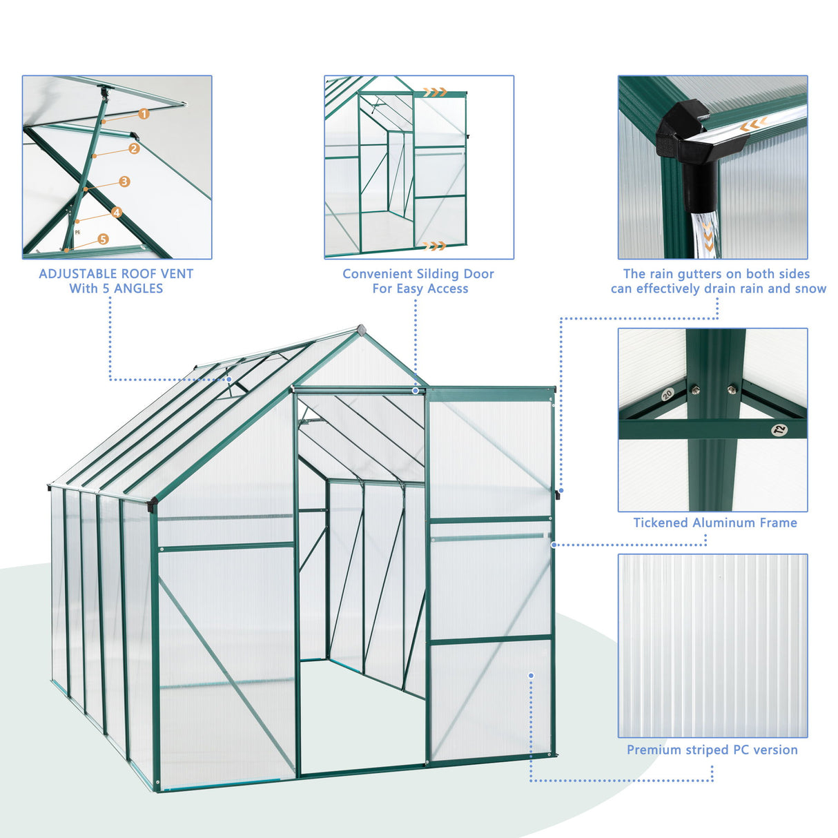 Polycarbonate house Raised Base And Anchor Aluminum Heavy Duty Walk-In houses For Outdoor Backyard In All Season
