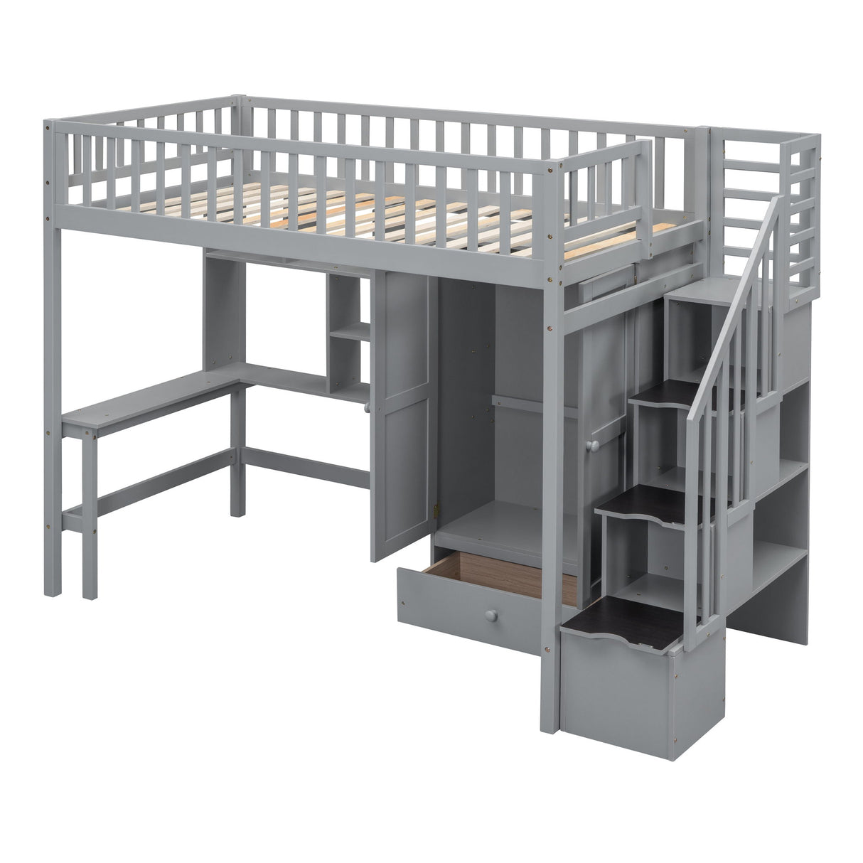 Loft Bed With Bookshelf, Drawers, Desk, And Wardrobe