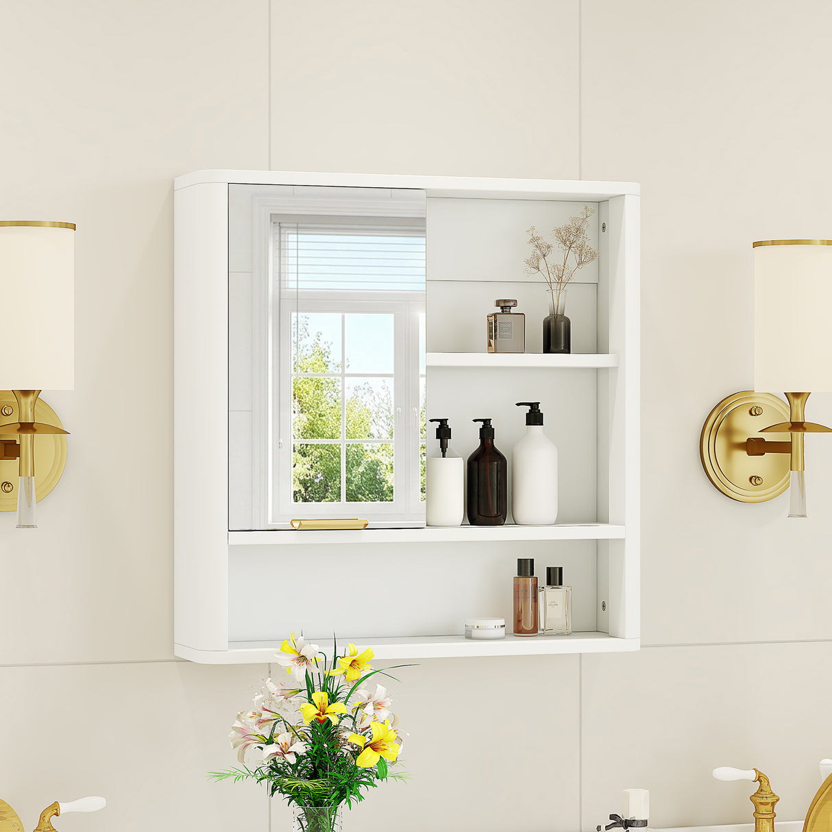 Modern Bathroom Mirror Cabinet with Open Shelves