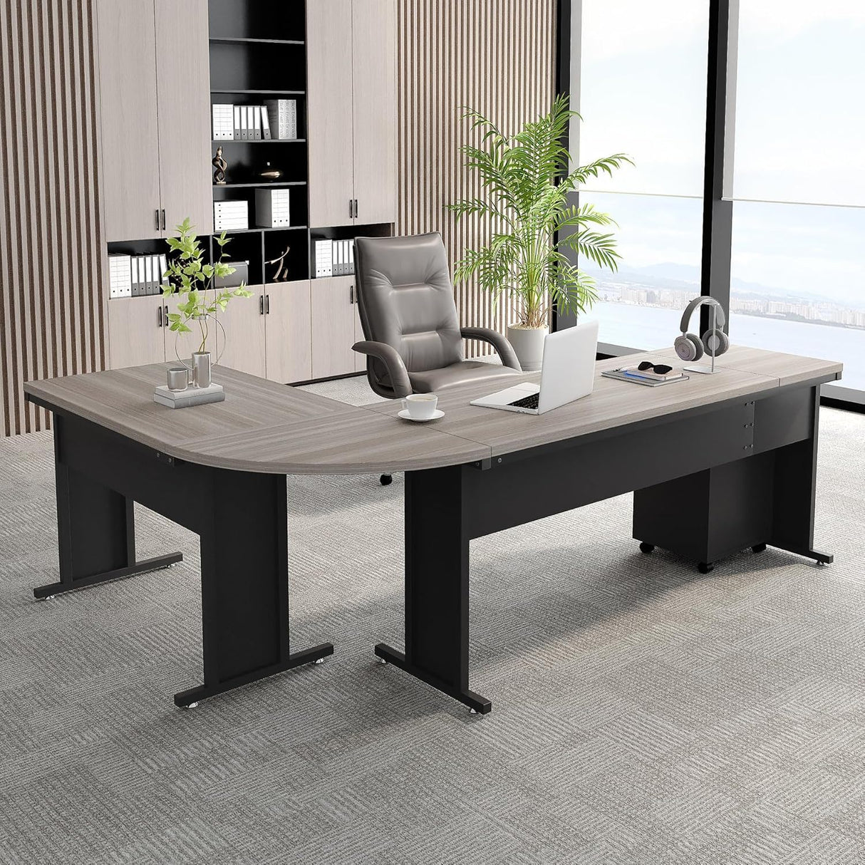 L-Shaped Executive Desk With Reversible Design, 3 Drawer Mobile File Cabinet For Home Office Workstation - Gray / Black