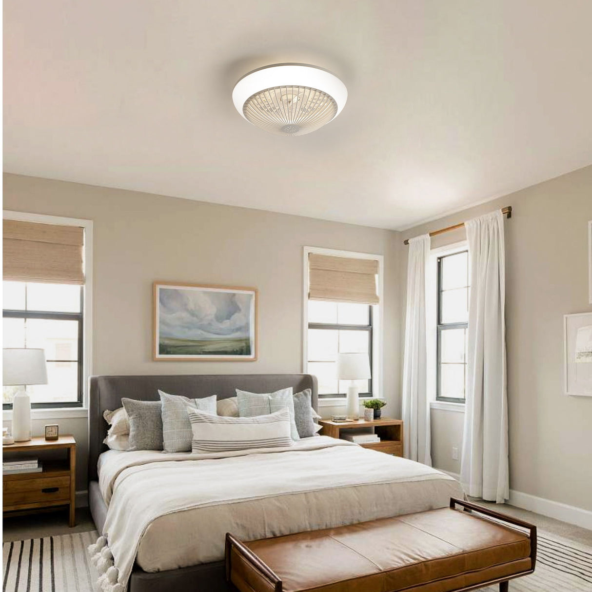 RGB Dimmable LED Enclosed Ceiling Fan With Remote Control, Bladeless Design - White