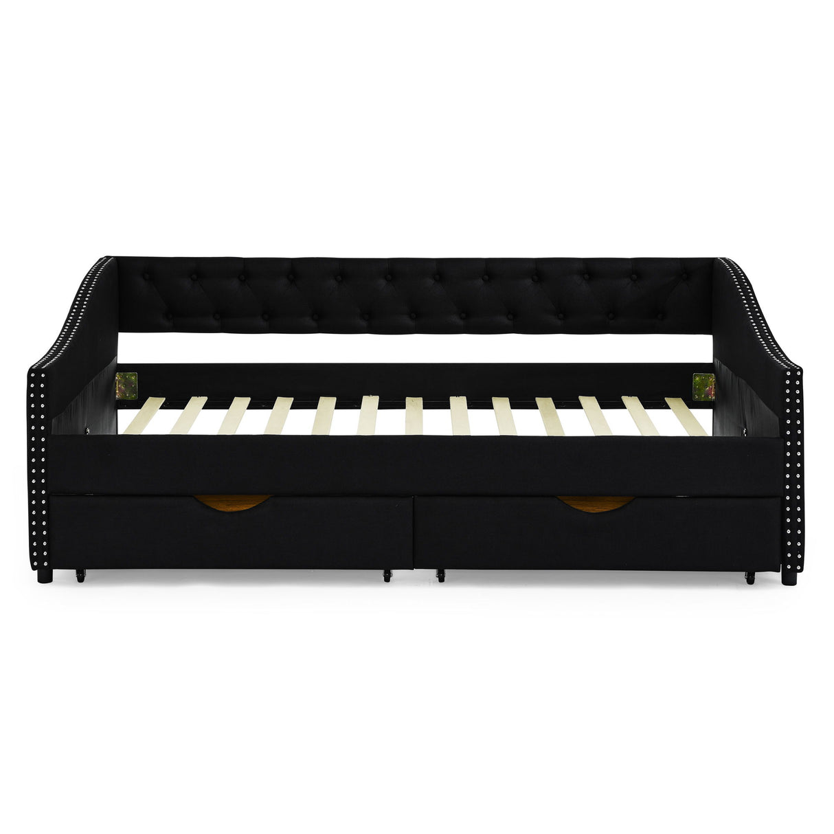 Upholstered Tufted Daybed With 2 Drawers, Waved Arms