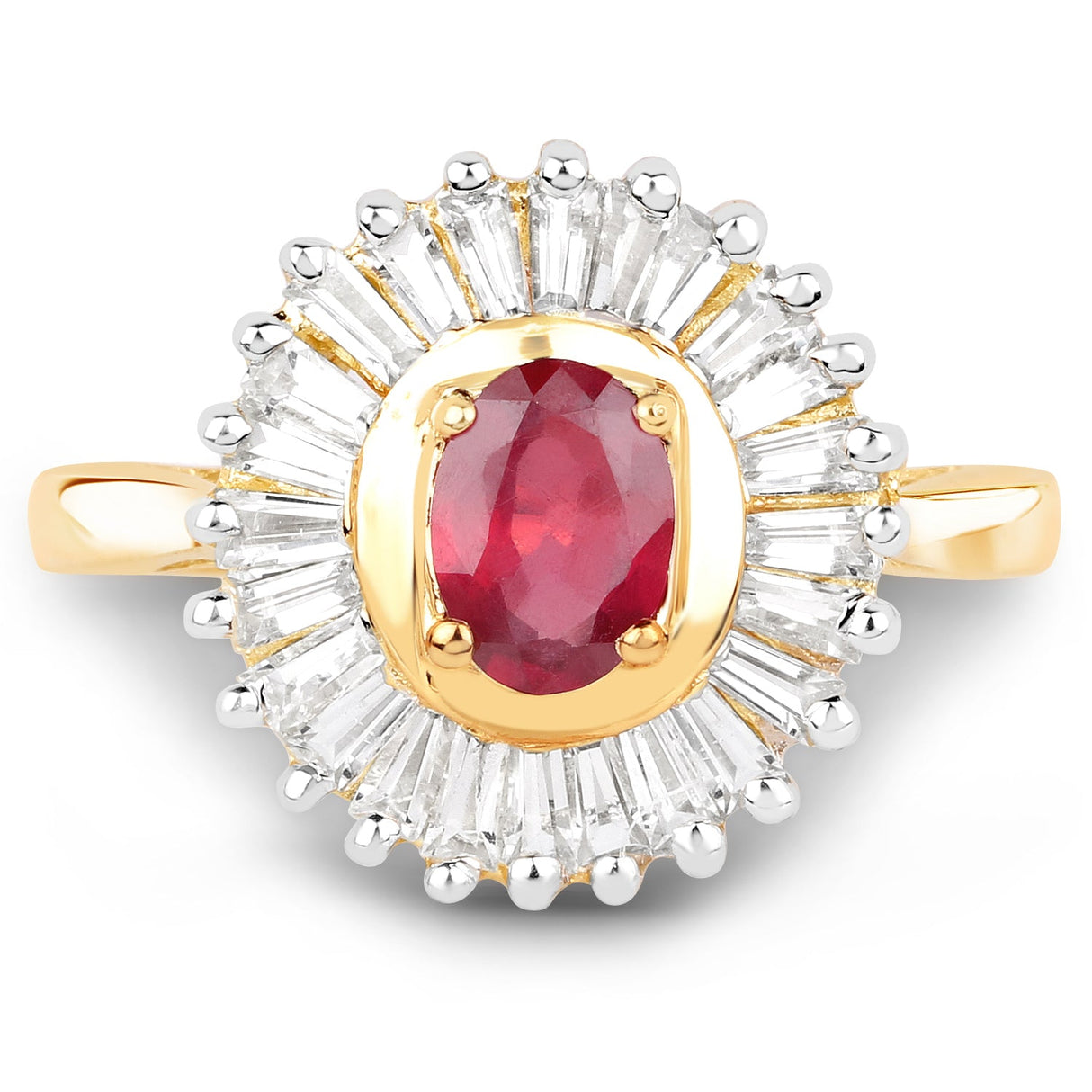 14K Yellow Gold Plated 2.44 Carat Glass Filled Ruby and White Topaz .925 Sterling Silver Ring