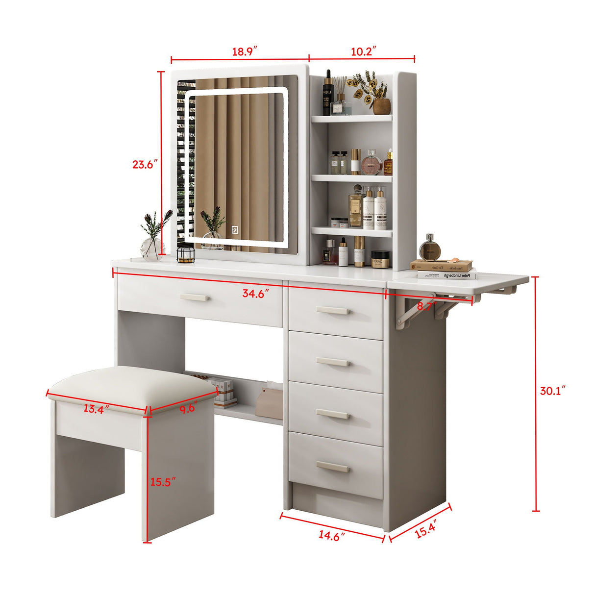 Fashion Vanity Desk With Mirror And Lights For Makeup, 5 Drawers, Adjustable Lighting - White