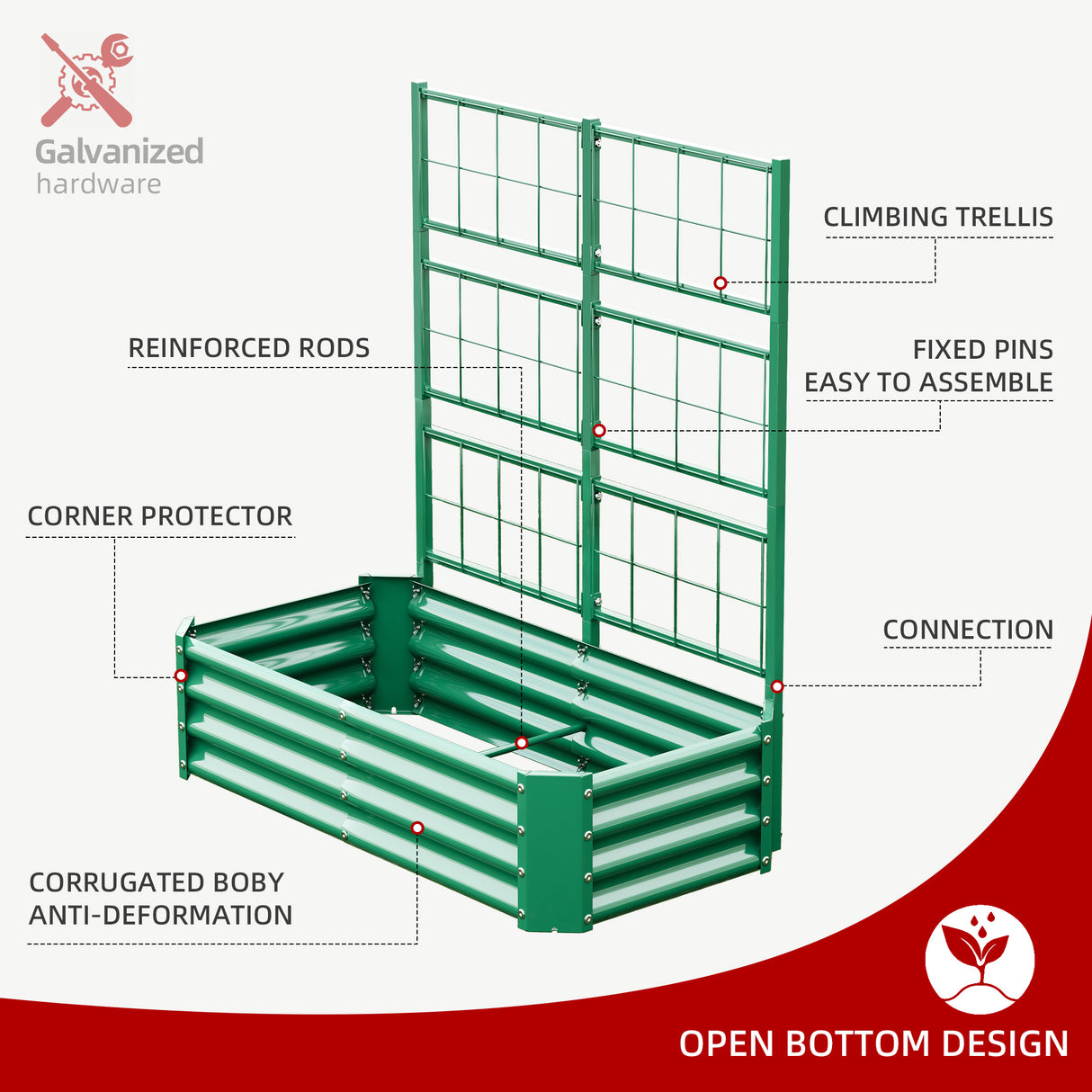 4x2x1FT Galvanized Raised Garden Bed with Arch Trellis