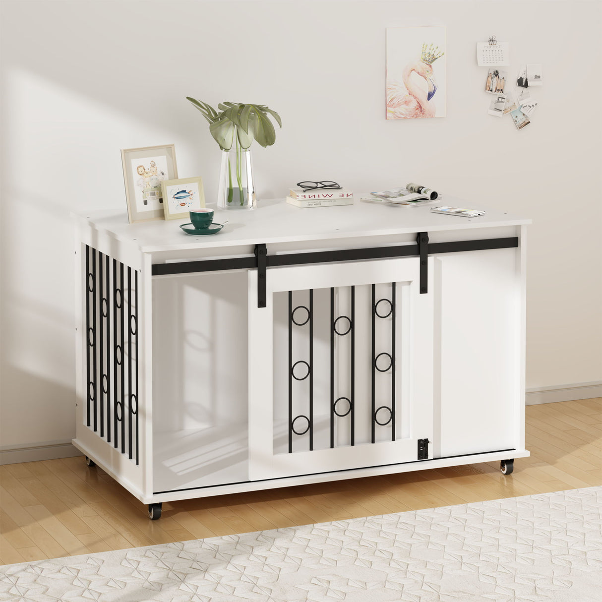 Dog Crate With Sliding Barn Door And Side Access, Lockable Wheels For Small To Medium Dogs - White
