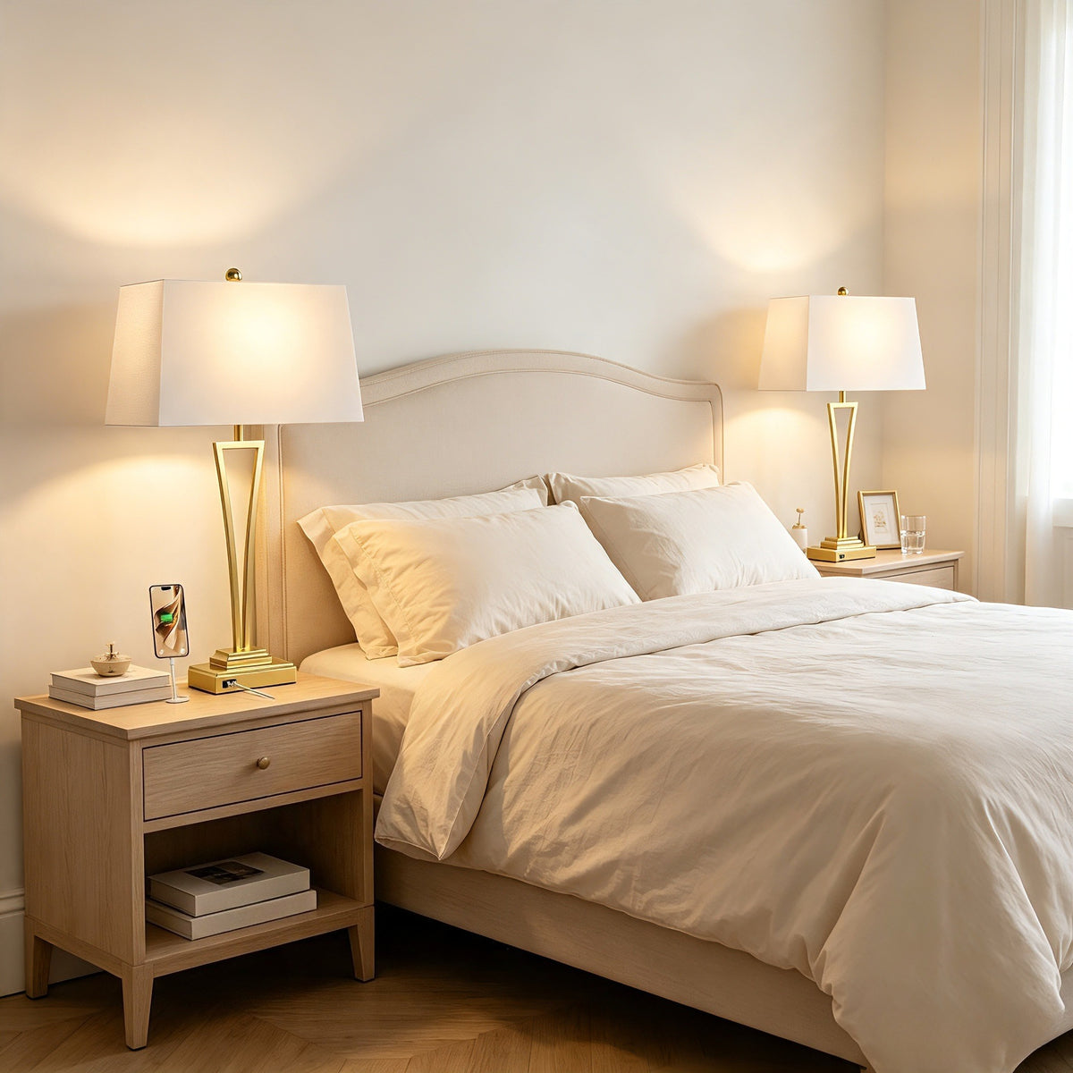 Gold Table Lamps Set of 2, 30.5-Inch Tall with USB Charging Ports