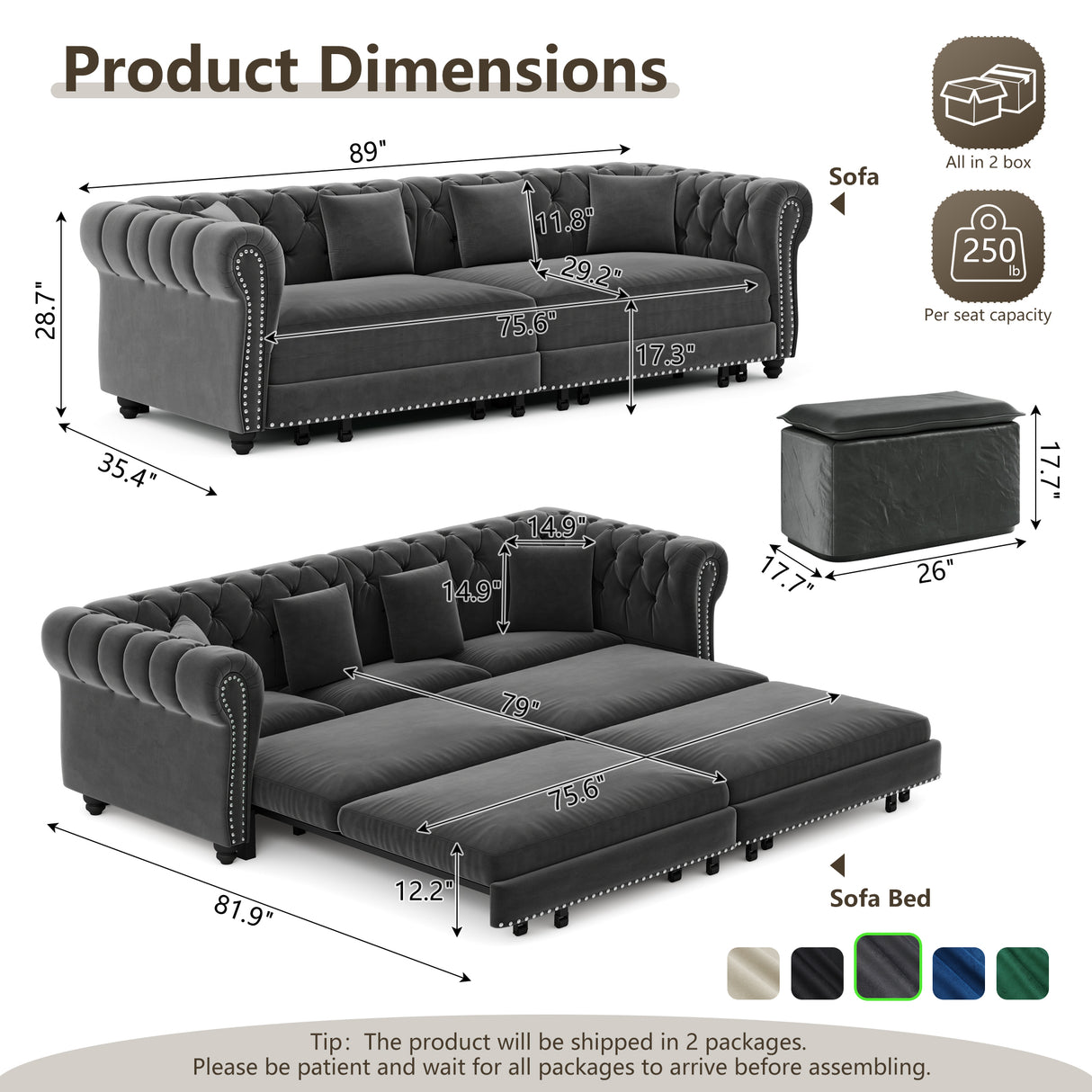 Chesterfield Sofa Bed – 3-in-1 Convertible Velvet Sofa