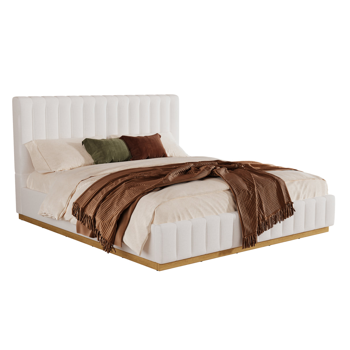 King Size Bed Frame With Linen Upholstery and Solid Wood Base