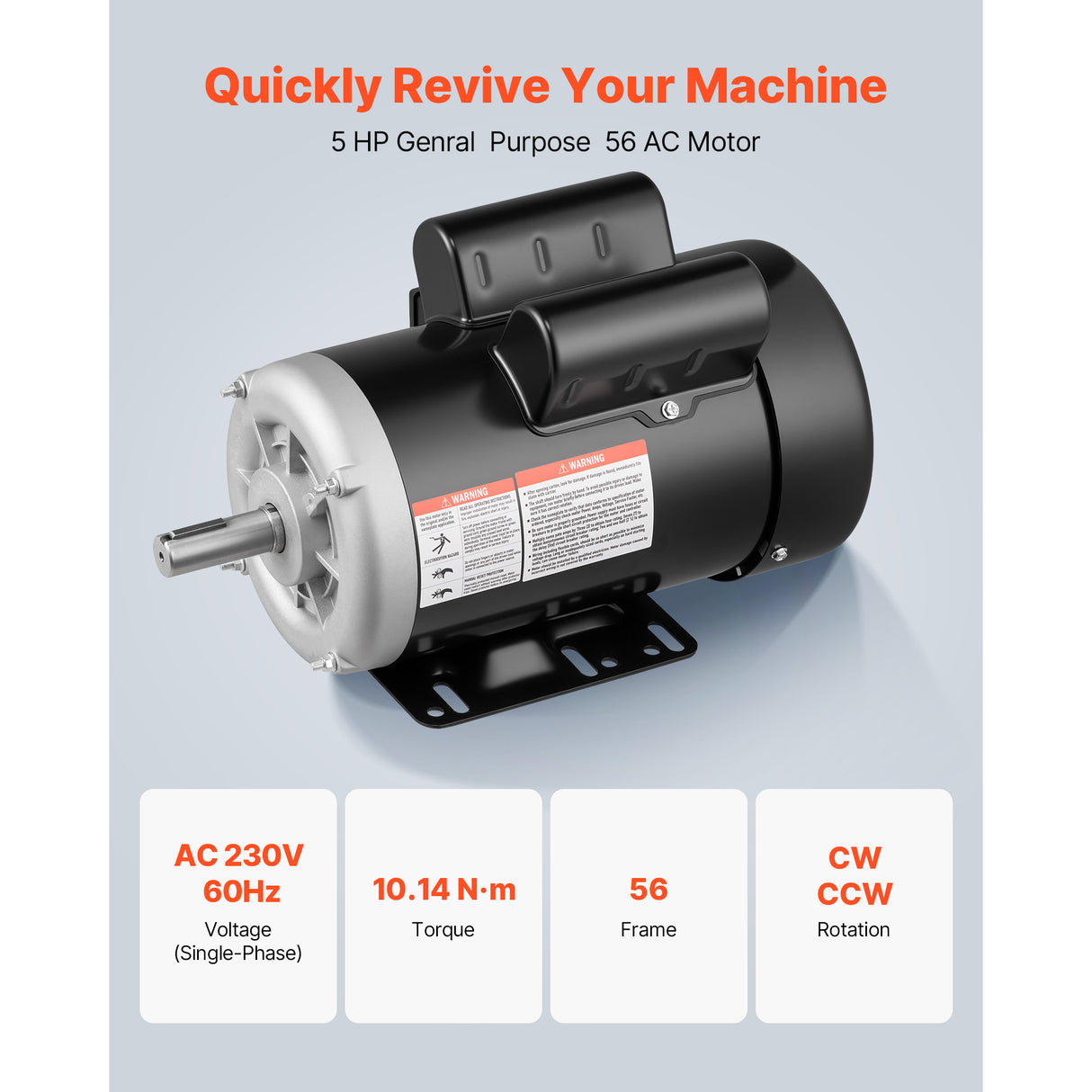 5 HP Electric Motor for Air Compressors, 3450 RPM, Single-Phase 230V
