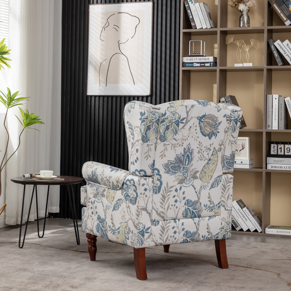 Modern Accent Chair with Retro Wood Legs, Floral Design, Antique Blue Linen