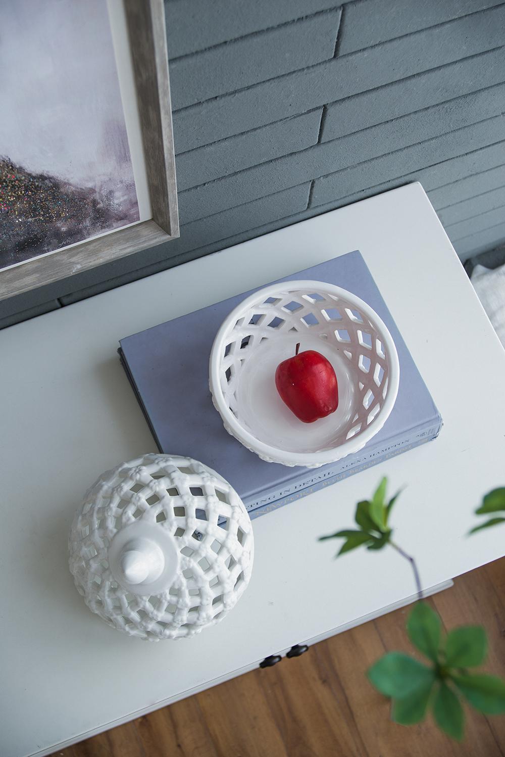 Decorative White Glazed Ceramic Jar with Lattice Design