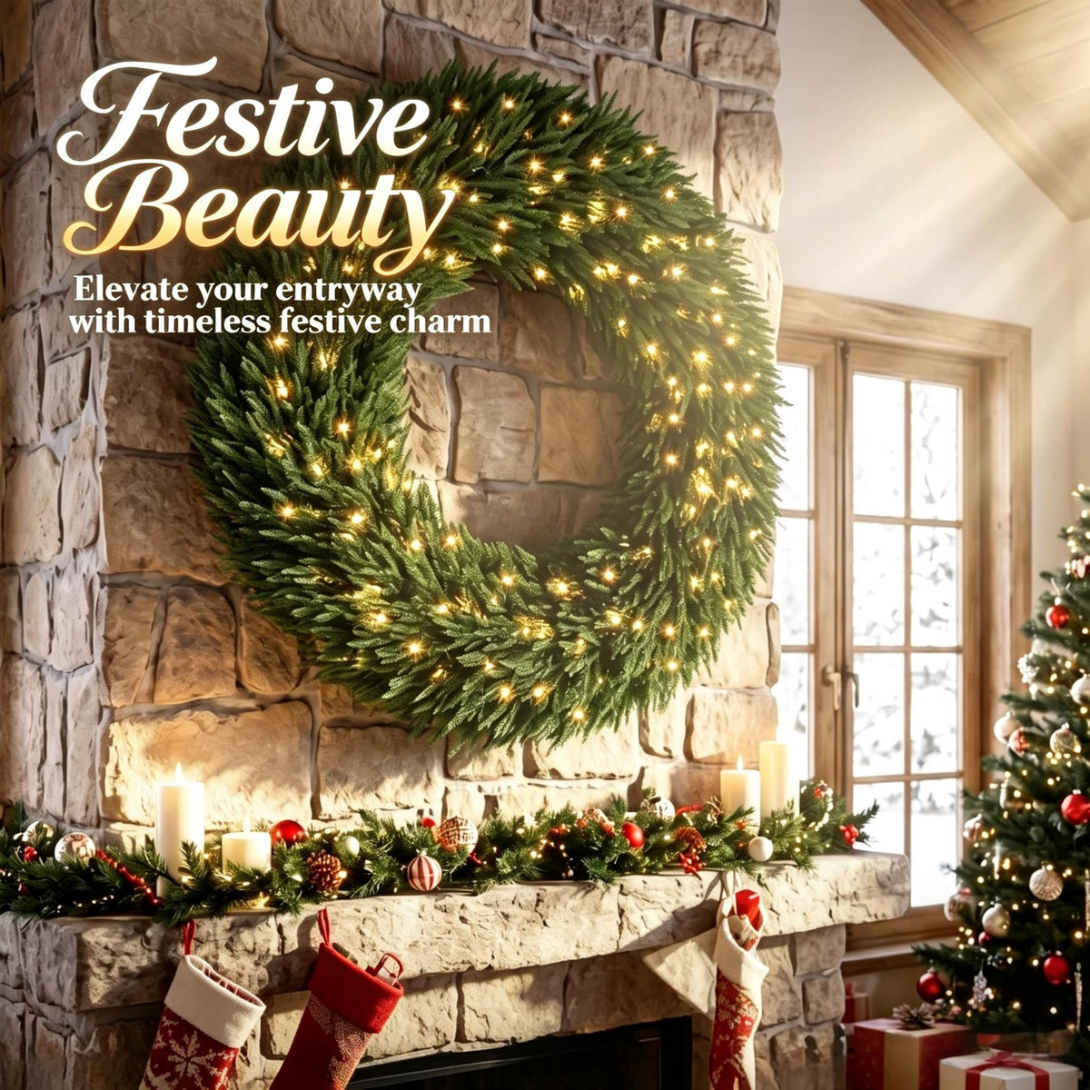 48 In Artificial Norfolk Pine Christmas Wreath, Pre-Lit