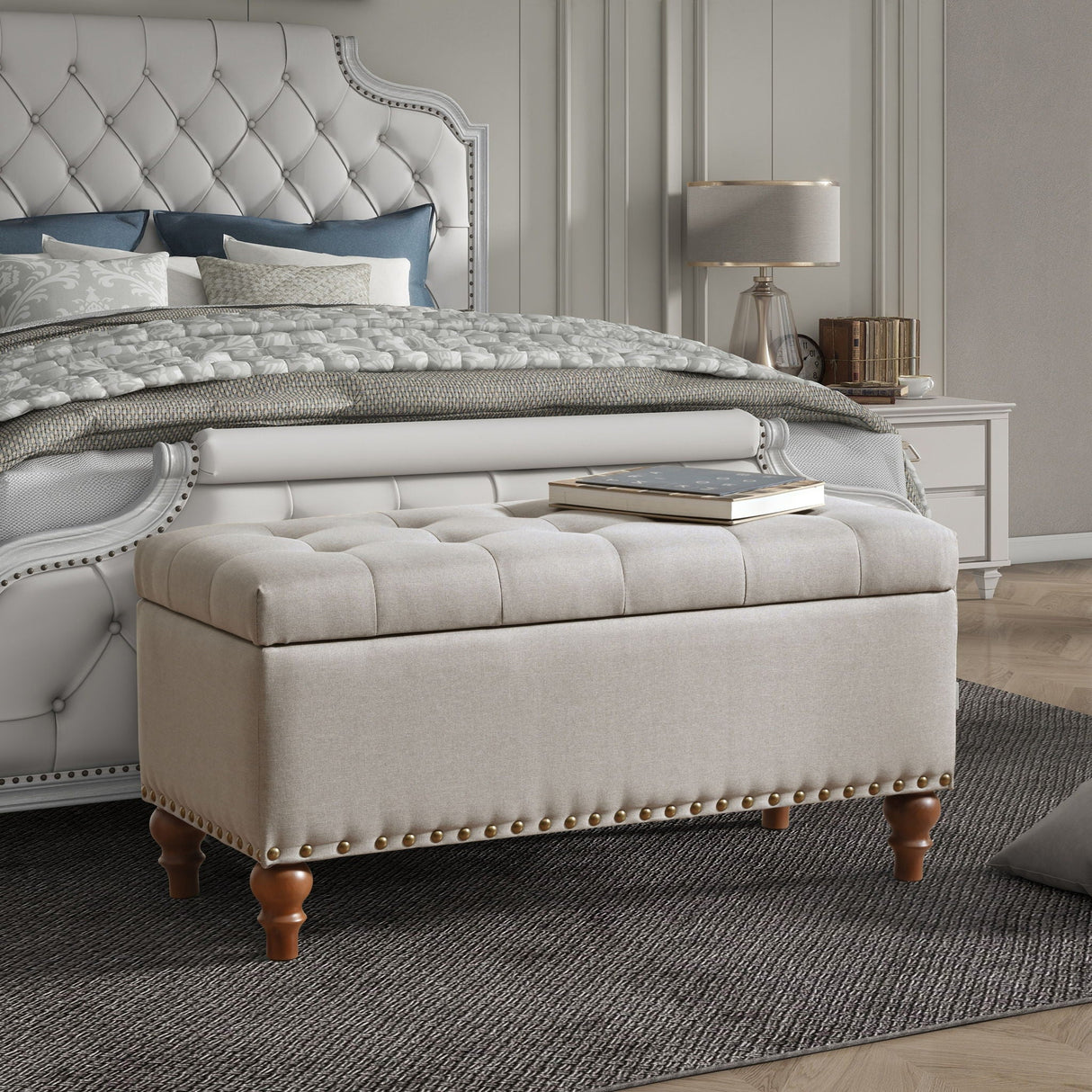 Upholstered Ottoman With Storage And Rivet Trim