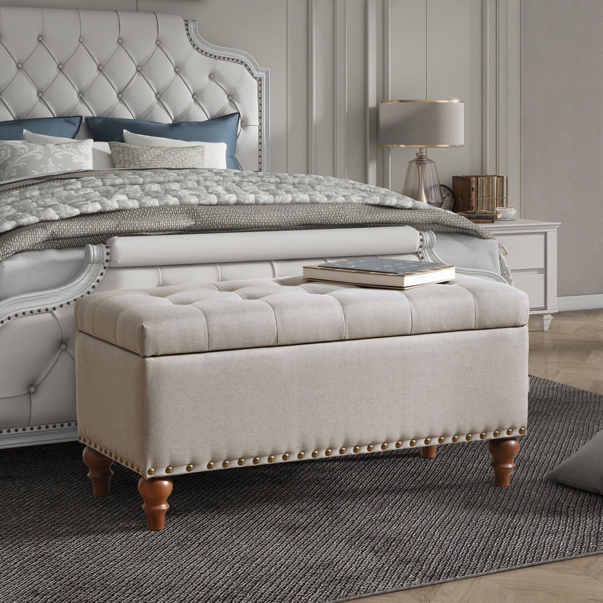 Upholstered Ottoman With Storage And Rivet Trim