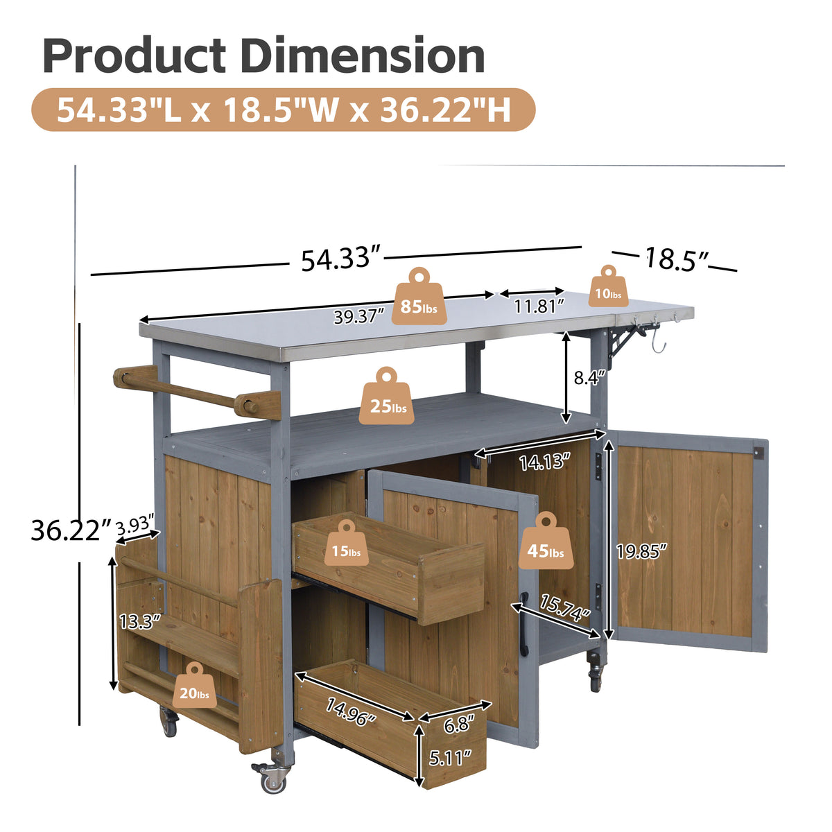 54.33" Farmhouse Rolling Outdoor Kitchen Cart
