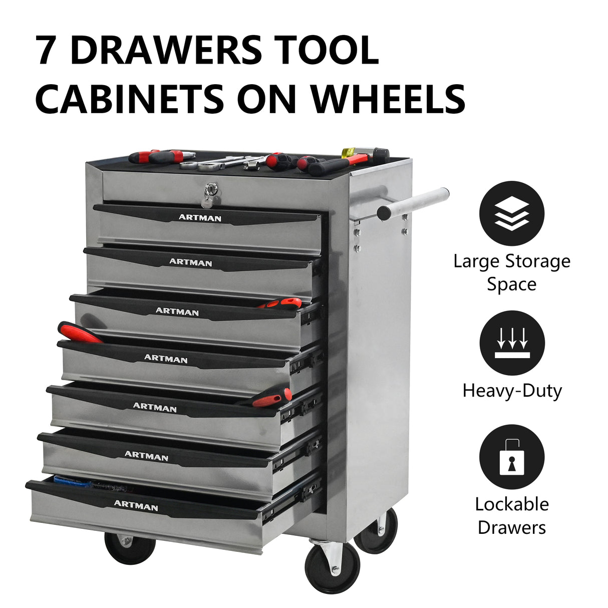 Rolling Metal Tool Chest with 7 Drawers, 20" Cabinet Silver