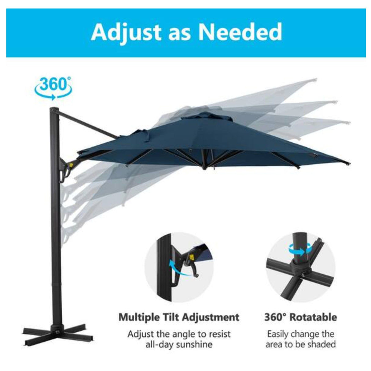 Round Cantilever Patio Umbrella With 360 Rotation & Infinite Tilt Adjustment