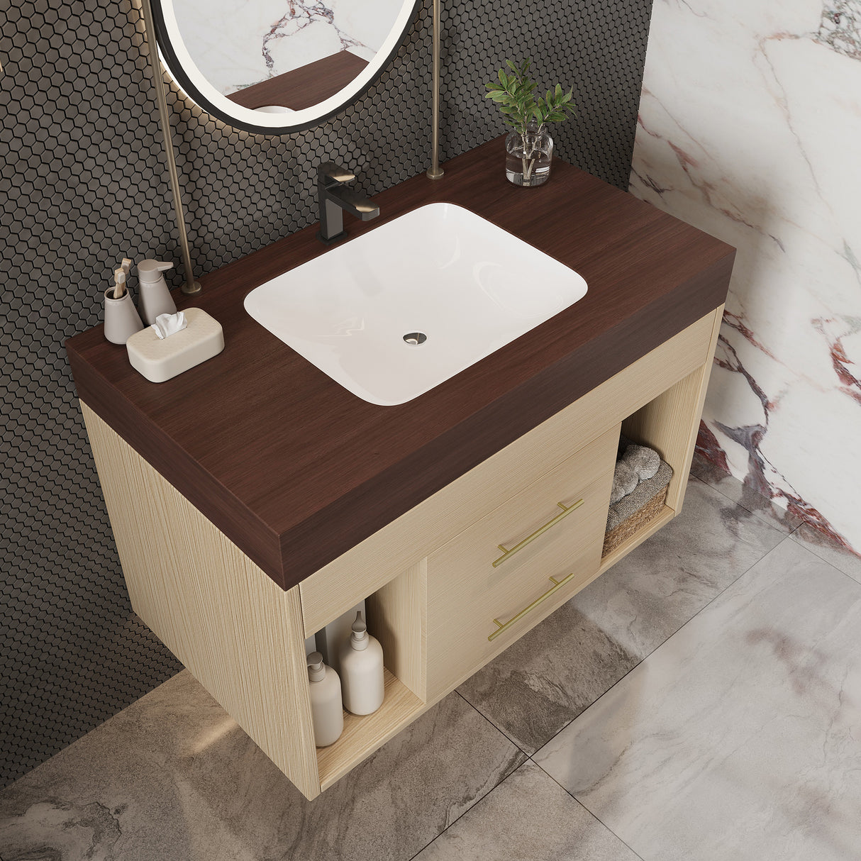 29.9" Modern Floating Bathroom Vanity with Sintered Stone Top