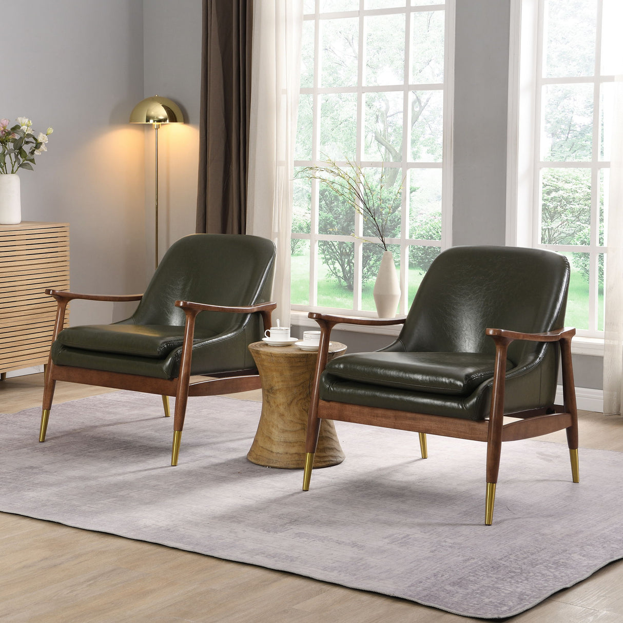 Mid - Century Accent Chair With Cushioned Seat, Brass Tipped Legs