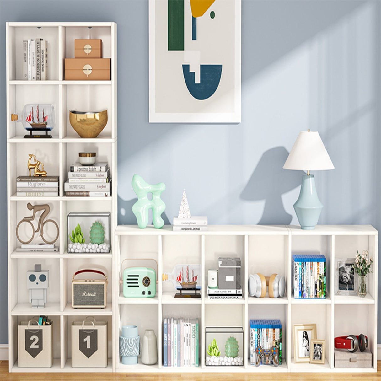 Narrow 12 Cube Bookcase With Closed Back For Living Room - White