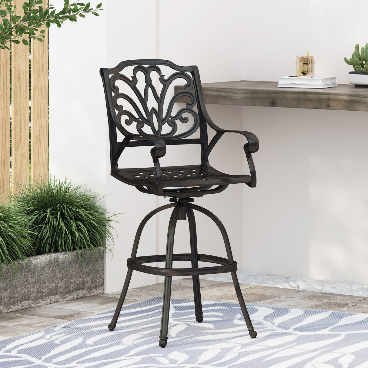 Outdoor Cast Aluminum Swivel Bar Stool With Scrolled Arms - Bronze - Best Buy Furniture