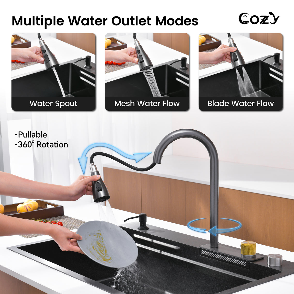 Waterfall Kitchen Sink, Stainless Steel Single Bowl